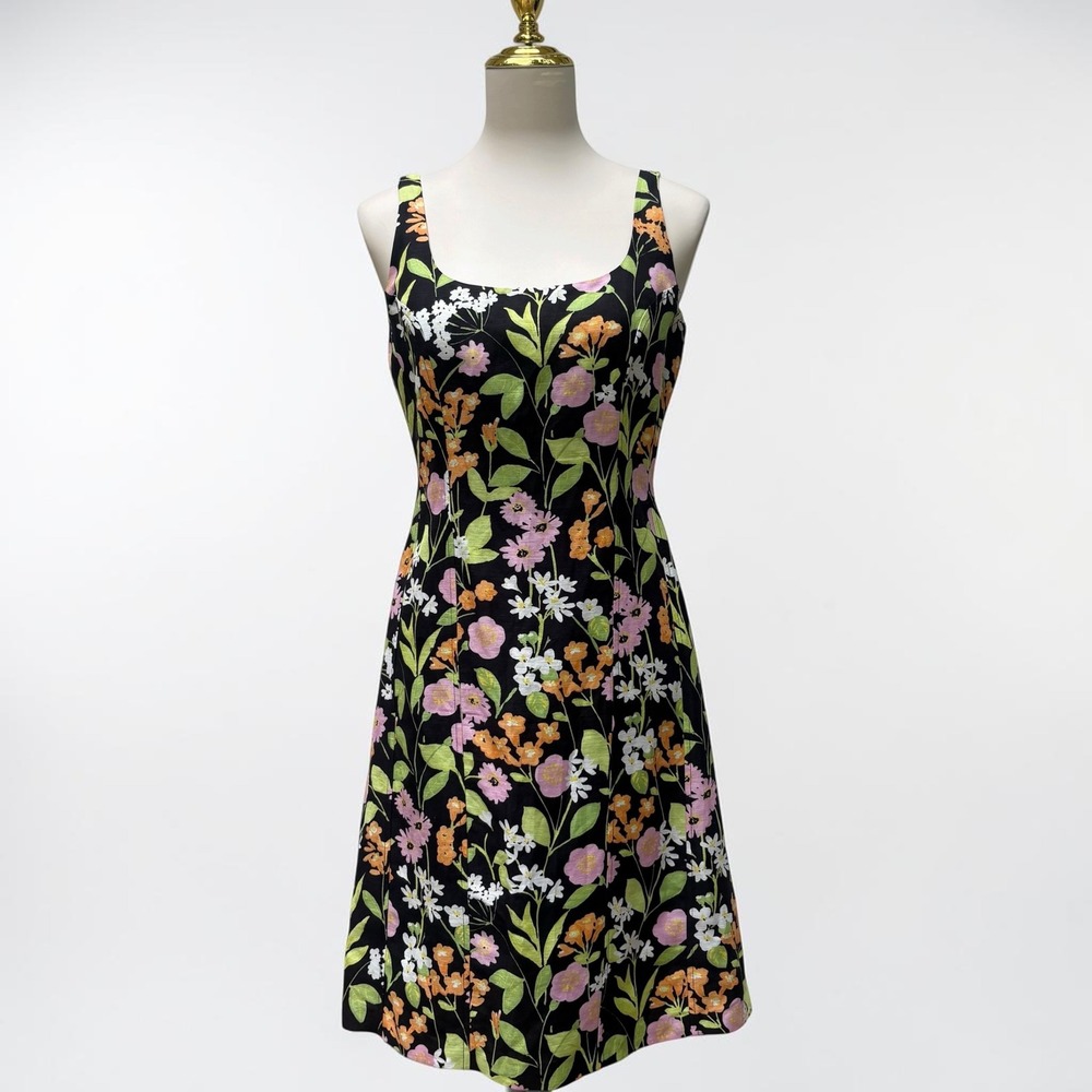 Sigrid Olsen Floral Sheath Dress 2 Black Condition Linen Blend Y2K 2000s Garden